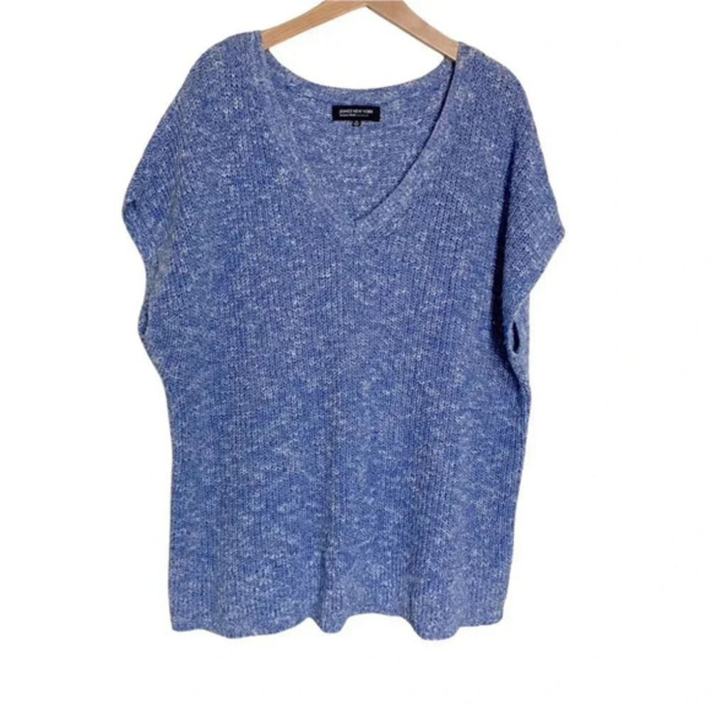 Jones New York Sweater Vest 2X Blue Marled Cotton Linen V-Neck Ribbed Knit